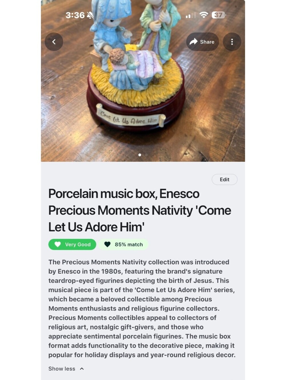 Enesco Precious Moments Nativity Porcelain Music Box 'Come Let Us Adore Him' - Picture 4 of 4